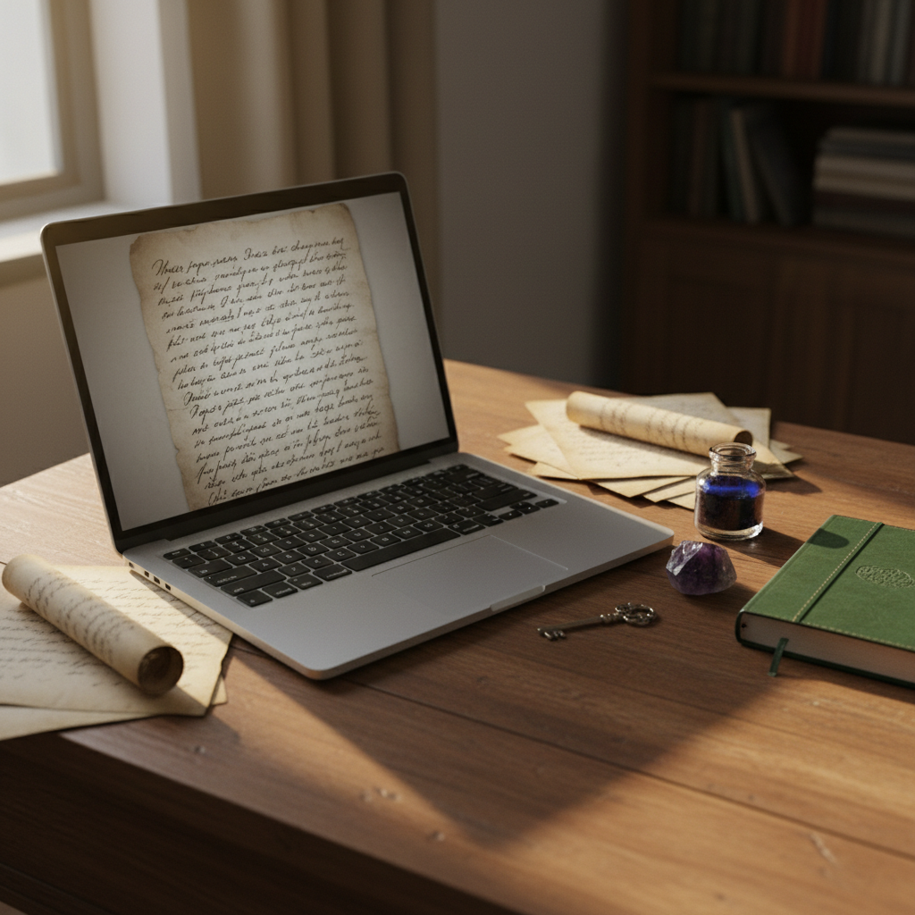 An open laptop on a vintage wooden desk displays a blurred manuscript page with elegant, unreadable lines, framed by scattered pages, a closed forest-green journal, and a delicate glass ink bottle. A deep amethyst crystal and a small, ornate metal key rest nearby, hinting at romantasy themes. Late afternoon natural light pours through an unseen window, creating a warm, focused pool of brightness across the keyboard while the surroundings fall into soft shadow. Photographic realism, shot from a slightly elevated angle, uses the rule of thirds to place the laptop off-center. The atmosphere feels contemplative and aspirational, capturing an author’s writing journey and ongoing updates without showing any people.