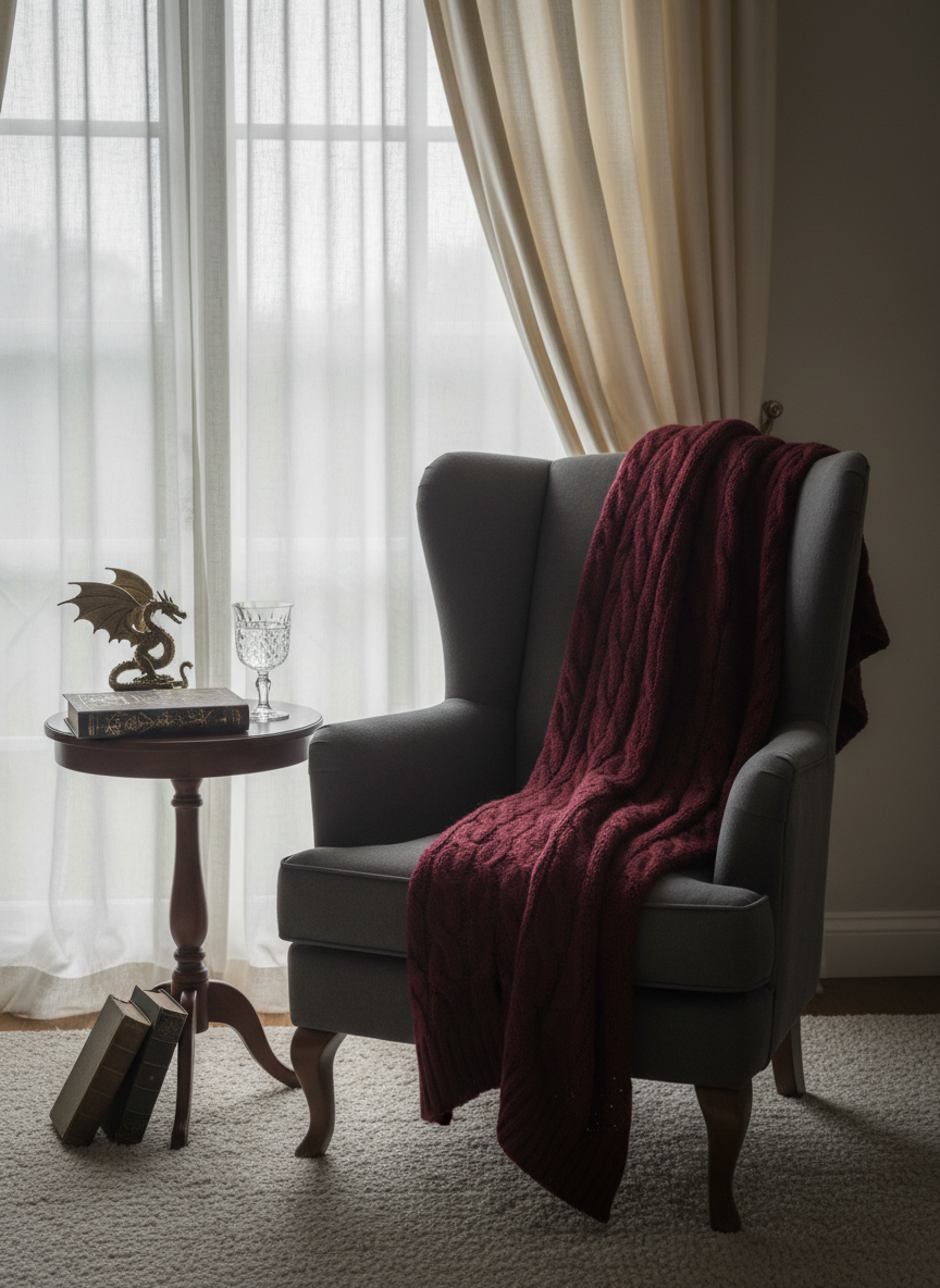 An elegant reading nook designed to embody the world of a romantasy novel: a plush, charcoal-gray armchair draped with a soft burgundy throw, positioned beside a tall window framed by sheer ivory curtains. On a small round table of dark wood, a closed novel with an intricate, non-readable title design rests next to a crystal goblet of water and a small brass dragon figurine. Overcast afternoon light filters through the curtains, creating diffused, silvery illumination with gentle shadows, rendered in photographic realism. The composition uses a wide shot at eye level, with the chair anchored on the right third of the frame. The mood is sophisticated, dreamy, and inviting, suggesting a quiet space to sink into tales of redemption and love.