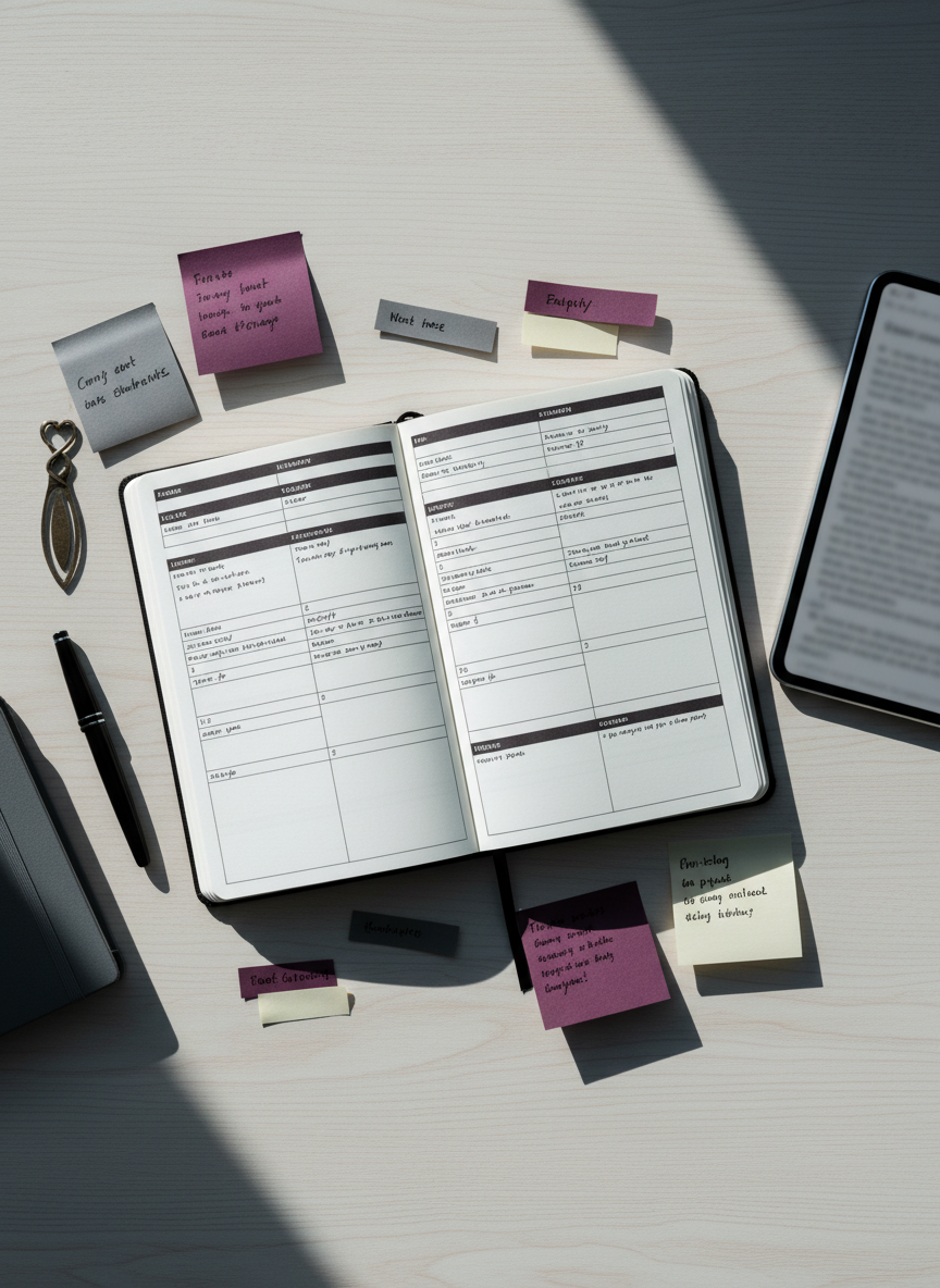 A sophisticated, photographic-realistic flat lay of an author’s planning space: an open bullet journal filled with neatly blocked, unreadable outlines and chapter notes, surrounded by color-coded sticky notes, a slim black fountain pen, and a tablet displaying a softly blurred page of text. To one side, a small metallic bookmark shaped like intertwined vines and a heart rests on a slate-gray notebook. Cool, diffused daylight from above creates even lighting with delicate, crisp shadows. The composition is carefully arranged in an overhead, bird’s-eye view with ample negative space for website overlay use. The palette favors muted grays, deep plums, and soft creams, conveying a modern, organized, and quietly passionate approach to a romantasy author’s ongoing writing updates.