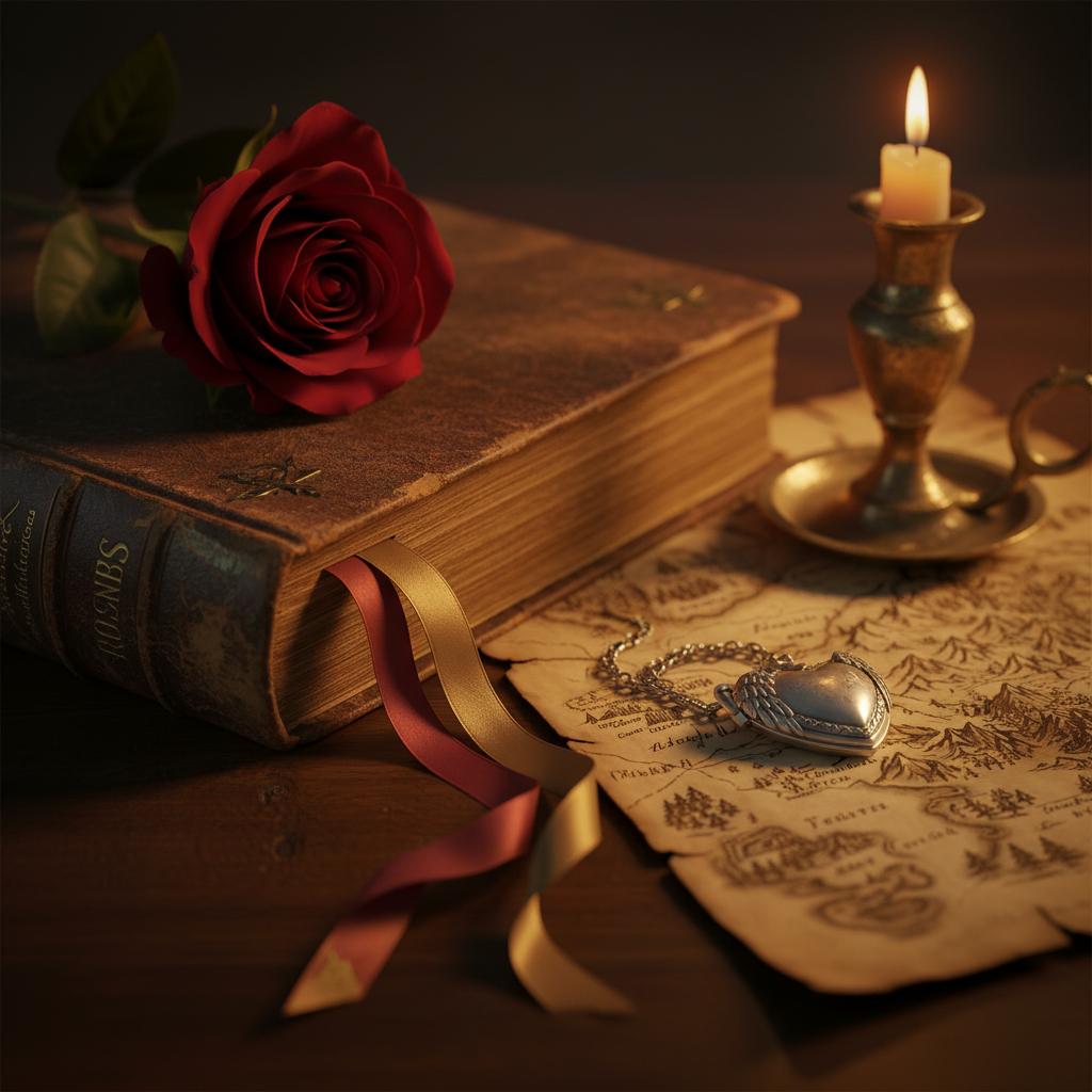 A richly textured still life of a romantasy world: a weathered leather-bound book with gilded, unreadable spine designs lies open to a page marked by a silk ribbon in shades of wine and gold. Beside it, a delicate silver locket shaped like a winged heart rests atop a folded parchment map of an imaginary realm, its coastlines and mountains artfully blurred. A single deep red rose, petals velvety and slightly unfurled, leans across the book. Candlelight flickers from an ornate brass holder, casting dancing highlights and soft shadows. Photographic realism with warm, low lighting creates an intimate, romantic, and slightly mysterious mood. Captured at a close, three-quarter angle with shallow depth of field, ideal for a book detail or story synopsis section.