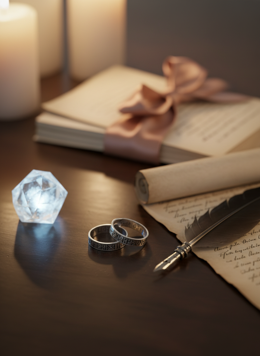 A close-up, photographic-realistic image of a dark, polished wooden table scattered with symbolic objects representing redemption and love in a fantasy world: two interlocking silver rings engraved with tiny, unreadable runes; a feather quill resting across a half-rolled scroll; a small, glowing crystal emitting a faint bluish-white light; and a faded ribbon in rose-gold tones tied around a stack of handwritten pages. The ambient lighting is low and warm, as if from unseen candles, with the crystal introducing a subtle cool contrast. Shot from a slightly elevated macro perspective, the foreground objects are in sharp focus while the background falls into creamy bokeh. The mood is intimate, hopeful, and slightly otherworldly, ideal for a theme or tagline section on an author site.